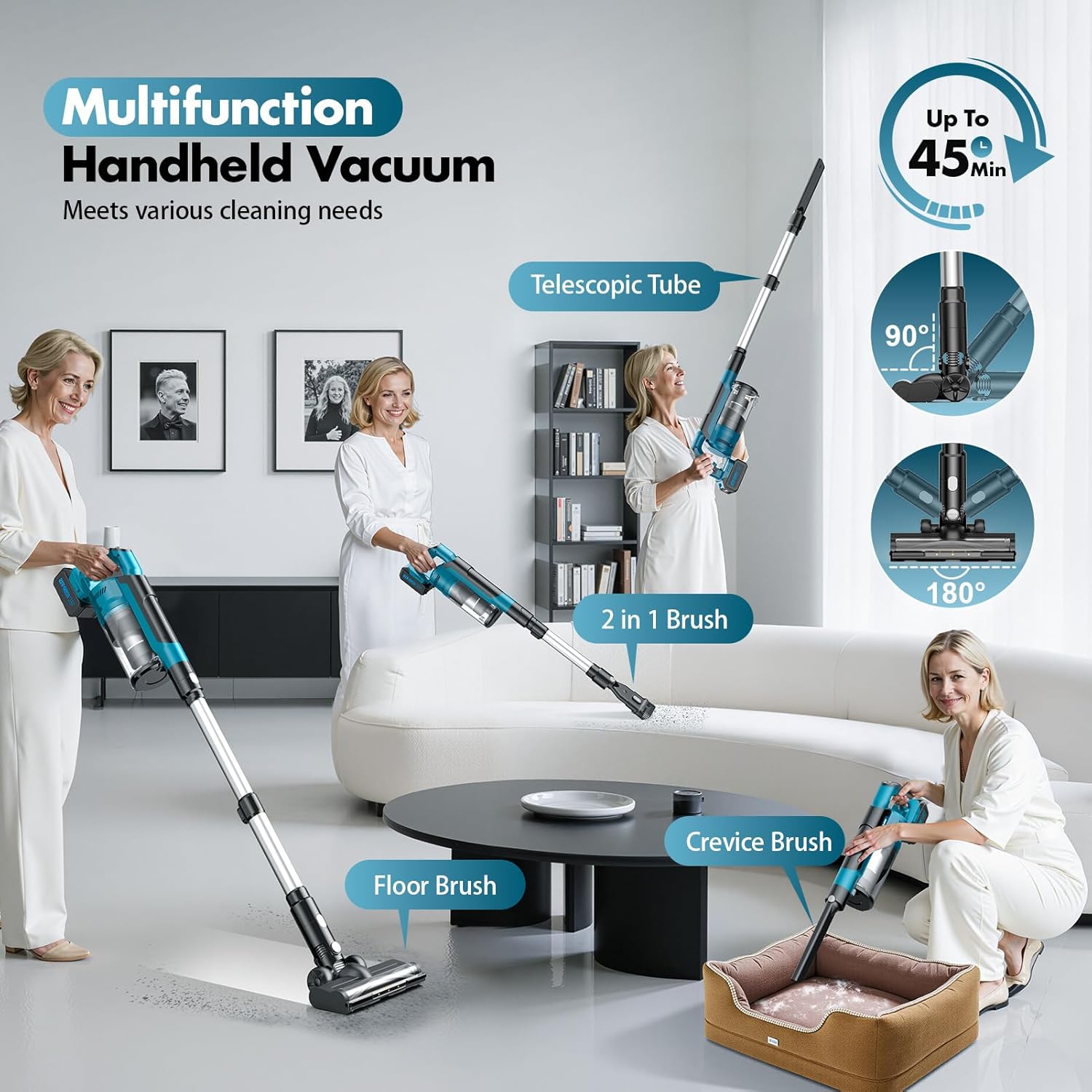 Demonstration of multi-function handheld vacuum with various attachments