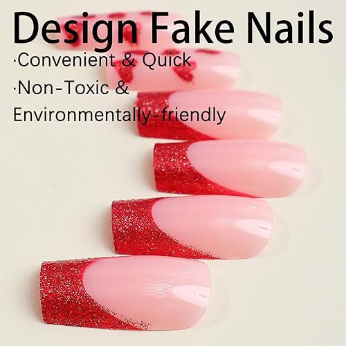 Miniatura 3 de Uñas postizas a presión con punta francesa para el día de San Valentín, uñas postizas largas cuadradas, uñas acrílicas a presión, uñas postizas