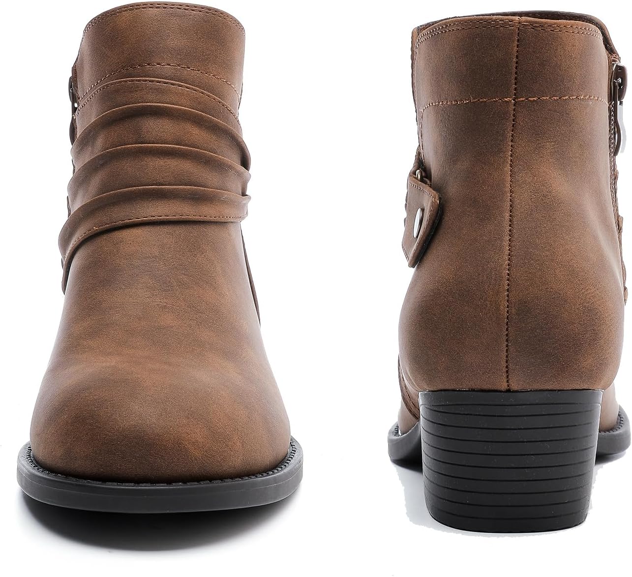 Luoika Women's Wide Width Ankle Boots - Black Brown Short Boots Block Low Heel Side Zipper Booties. - Image 6