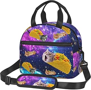 MOLAIGIN Blue Purple Galaxy Cat Taco Insulated Lunch With Adjustable Shoulder Strap Bag Reusable Lunch Box Cooler Tote Bag For Men Women