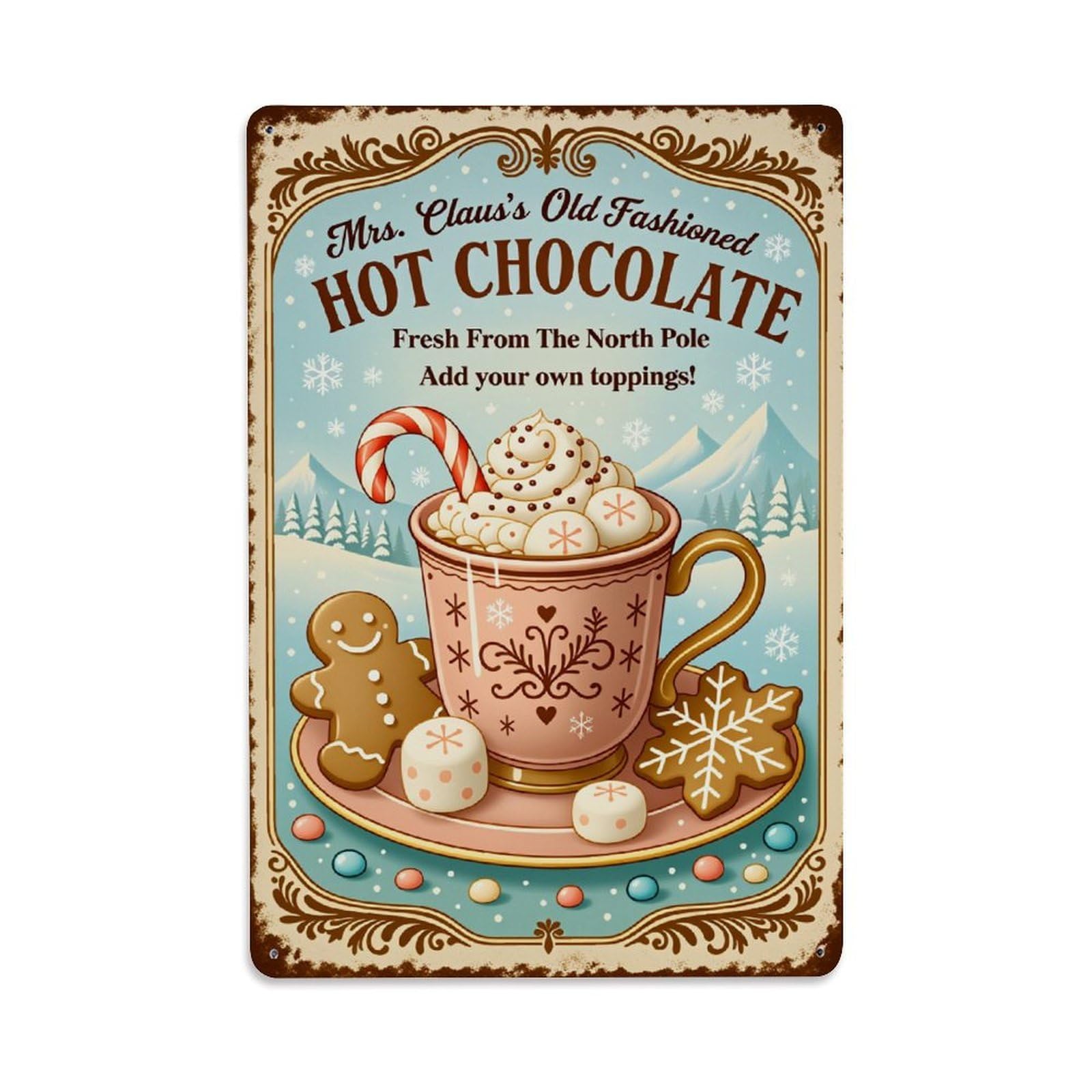 Hot Chocolate Winter Scene With Gingerbread And Marshmallows Retro Metal Tin Sign, Vintage Decor Art Poster for Bar, Home, Man Cave, Kitchen, Laundry Room Gift 8x12Inch