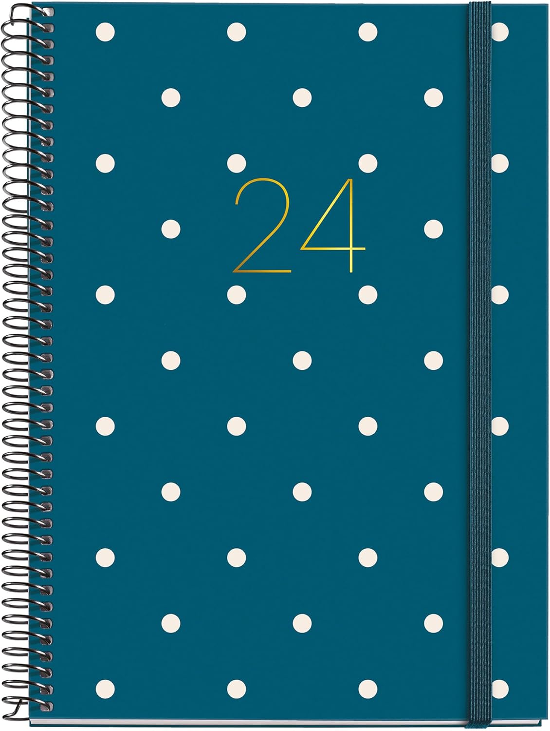 Miquelrius - Annual Diary 2024, Week to View, Plus Size 155 x 213 mm (similar A5), Hard Cover, Spiral Binding, Elastic Closure, Spanish, English and Portuguese, Polka Dots with Gold Stamping