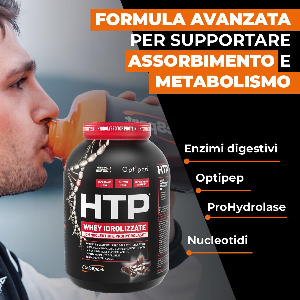 EthicSport HTP – Proteine isolate e idrolizzate Optipep con ProHydrolase e nucleotidi – Supporto alla massa muscolare – 1950 g - doping free tested* - Gusto Cacao