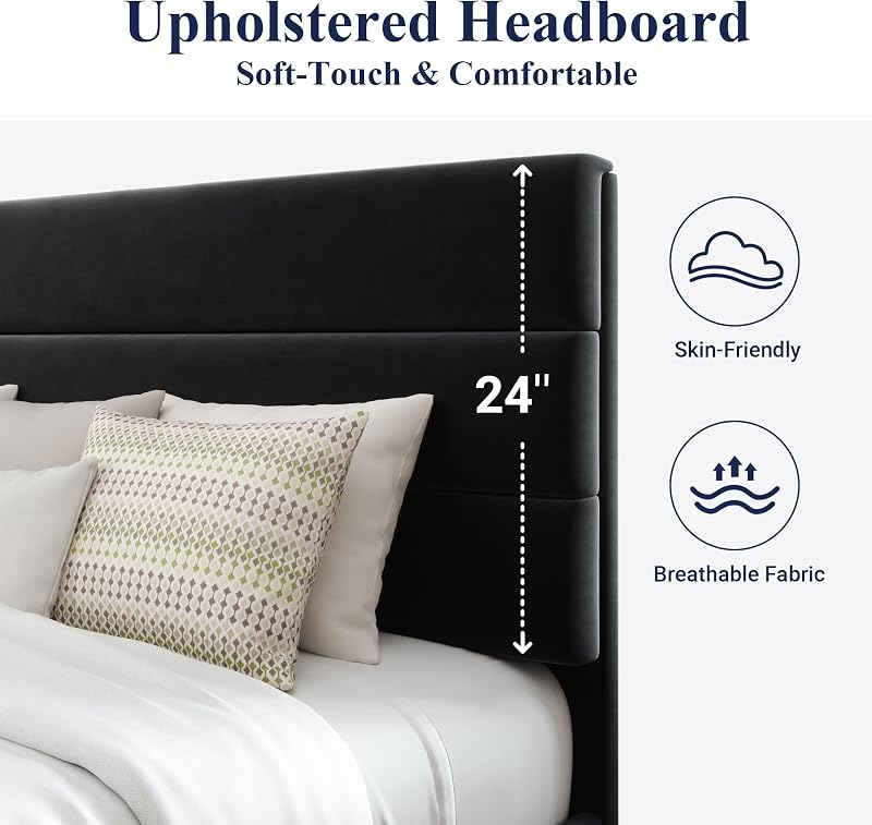Allewie King Size Platform Bed Frame with Velvet Upholstered Headboard image 4