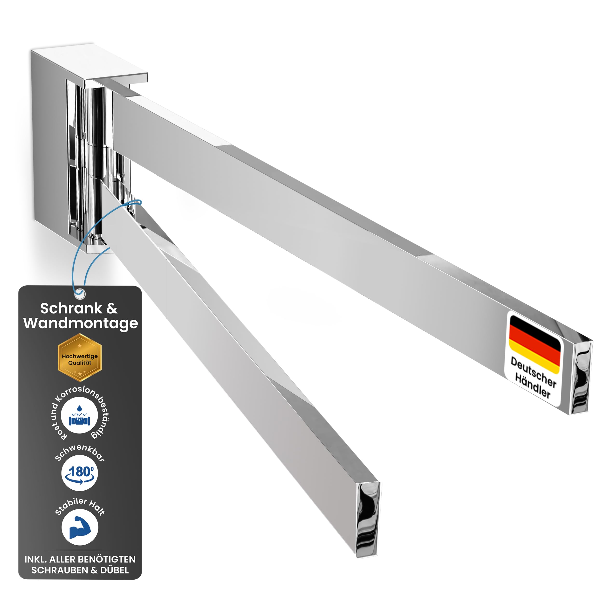 rtmr Handtuchhalter Wandmontage & Schrankmontage, 2-armig, schwenkbar, Chrom, Premium Gästehandtuchhalter aus Aluminium, 42 cm, drehbare Handtuchstange, platzsparend, Ideal für Bad & Gäste-WC