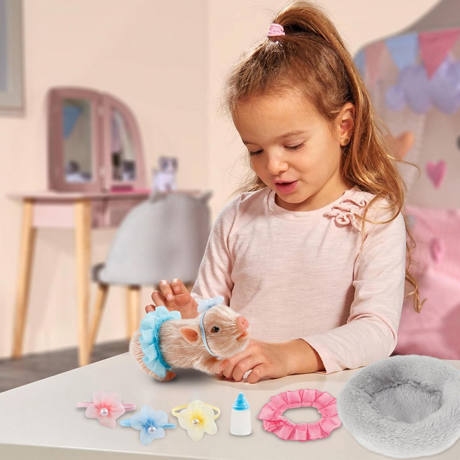HOTBEST Silicone Pig Silicone 5 Inch Lifelike Pig Doll with Nursing Bottle and Clothing Accessories Cute Realistic Miniature Reborn Interesting Full Body Toys (White F)