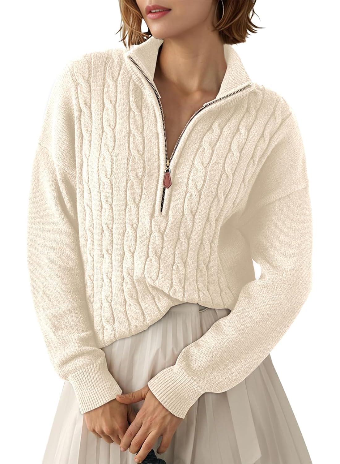 Dokotoo Womens Sweaters 2025 Fall Winter Quarter Zip Casual Ribbed Cable Knit Pullover