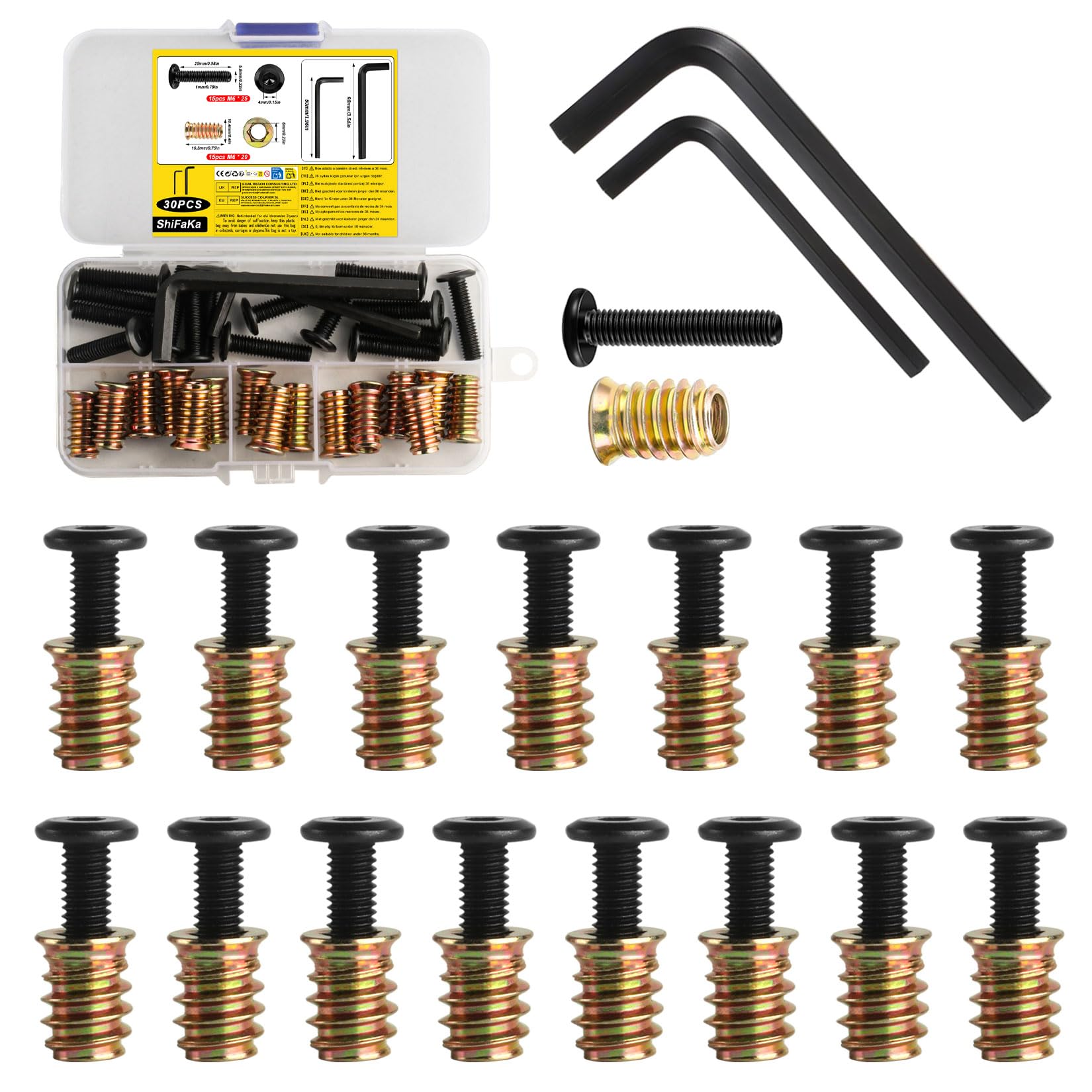 30 Pcs M6 Threaded Inserts for Wood with Bolts Set: 15 Furniture Hex Socket Drive Screw-in Nuts(M6x 20mm) & 15 Furniture Screws Flat Head Hex Socket Bolts(M6x 25mm)