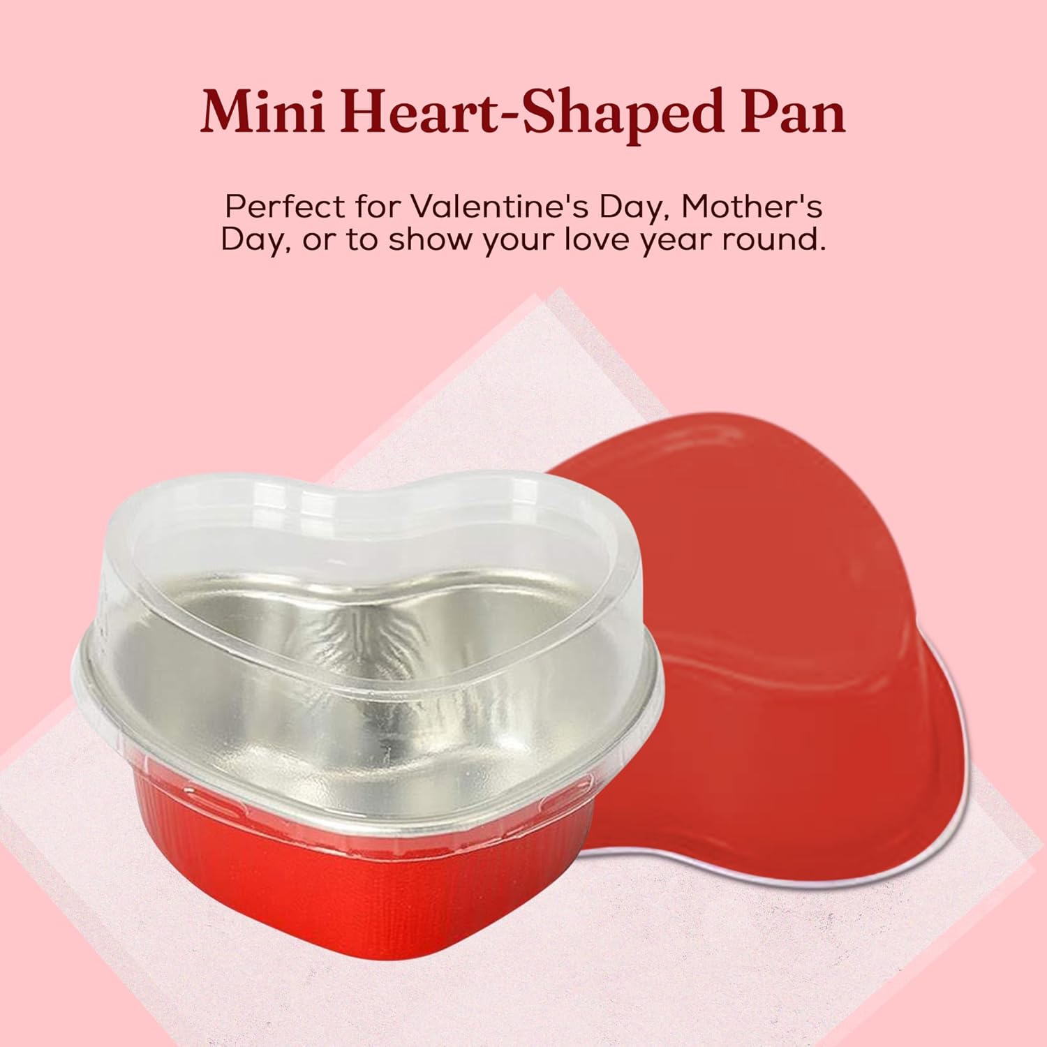 KitchenDance Disposable Colored Aluminum Mini Heart Shaped Cake Pans w/Lid - Heart Shaped Foil Pans for Valentine's Day, Mother's Day - Ideal Use For Crème Brulee, Flan, Custard - Pack of 100-3055P