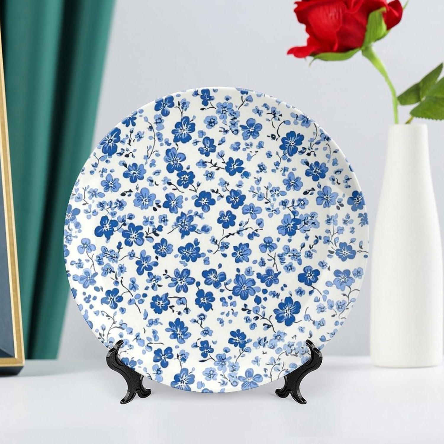 Pedicel Ceramic Decorative Plate, Blue Decorative Dish with Stand, Chinese Style Bone China Decorative Plates Art Porcelain Plate for Living Room Hallway Table Decor
