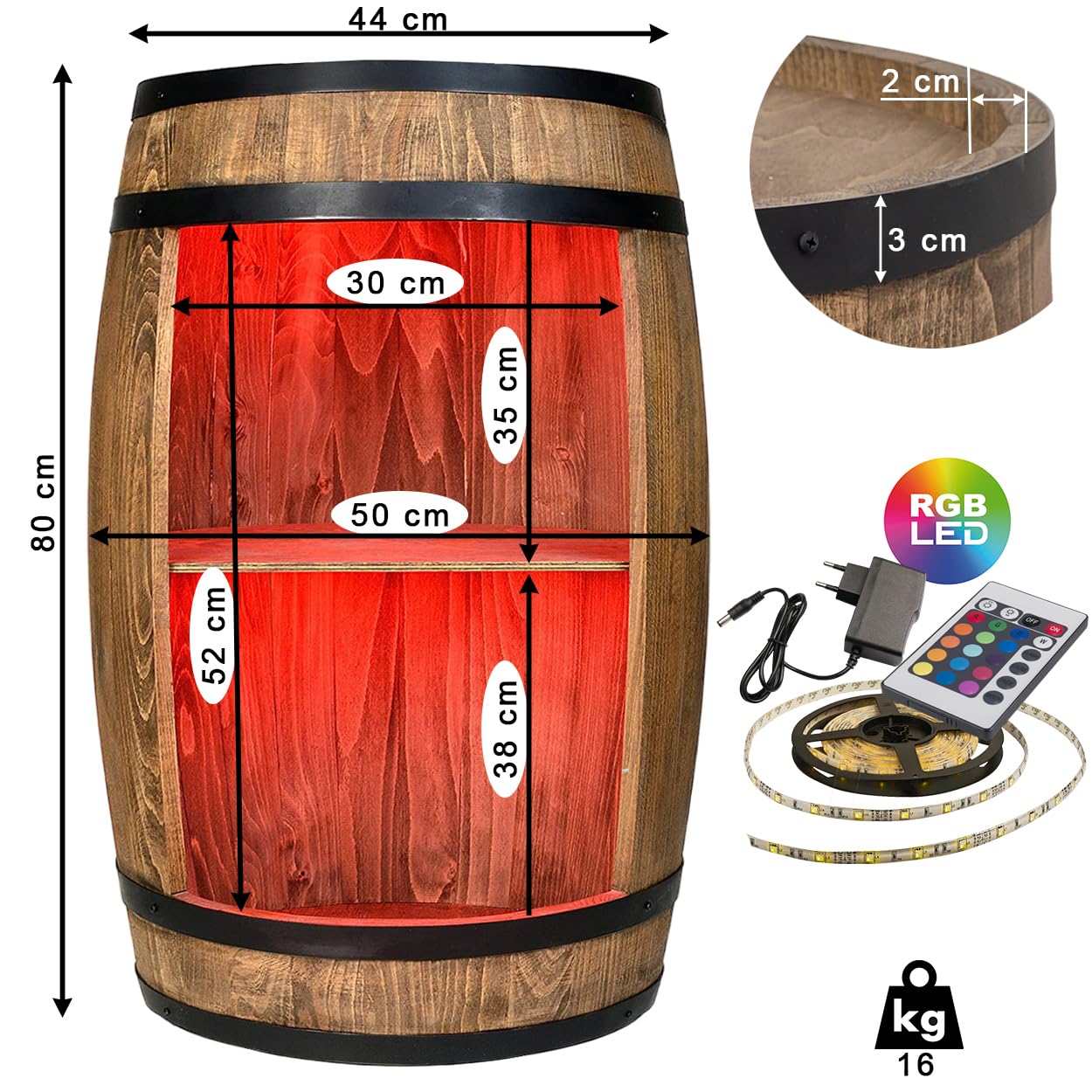 weeco Weinfass als Weinregal - Weinschrank Barschrank LED RGB Leuchten, Bar Tisch aus Holzfass, Wein Rack Flaschenständer deko Fassbier/hausbar Komodenschrank Holz Fass fur Wohnzimmer
