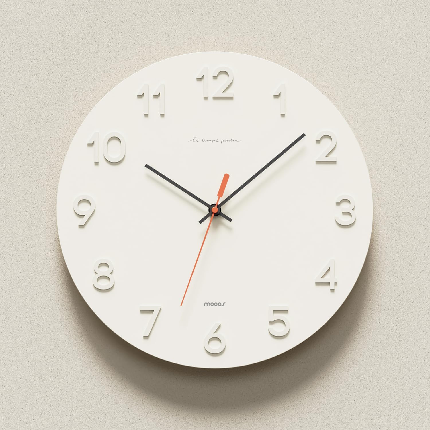 mooas 3D Numbers Modern Wall Clock, 12" Battery Operated, Analog (Cream)
