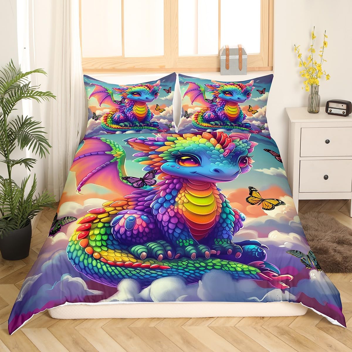 Housse de couette dragon et papillon pour une décoration de chambre féerique