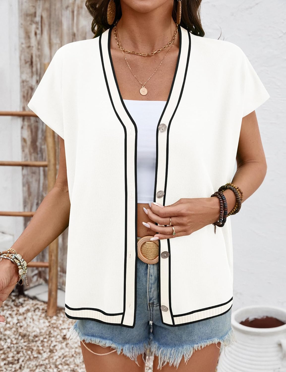 LOMON Oversided Cardigan Sweaters for Women Short Cap Sleeve V-Neck Casual Button Lightweight Knitted Trendy Sweater S-XL - Image 4