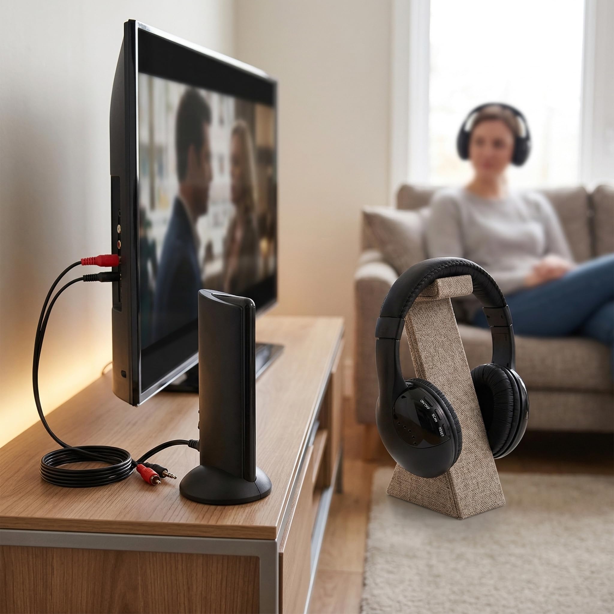 DOITOOL 5-in-1 Funkkopfhörer für Fernseher Kabellos - Over-Ear Kopfhörer mit Radio - Drahtloser TV Kopfhörer ohne Kabel - Plug & Play R-F Basisstation mit Mikrofon für PC und Stereoanlage Schwarz