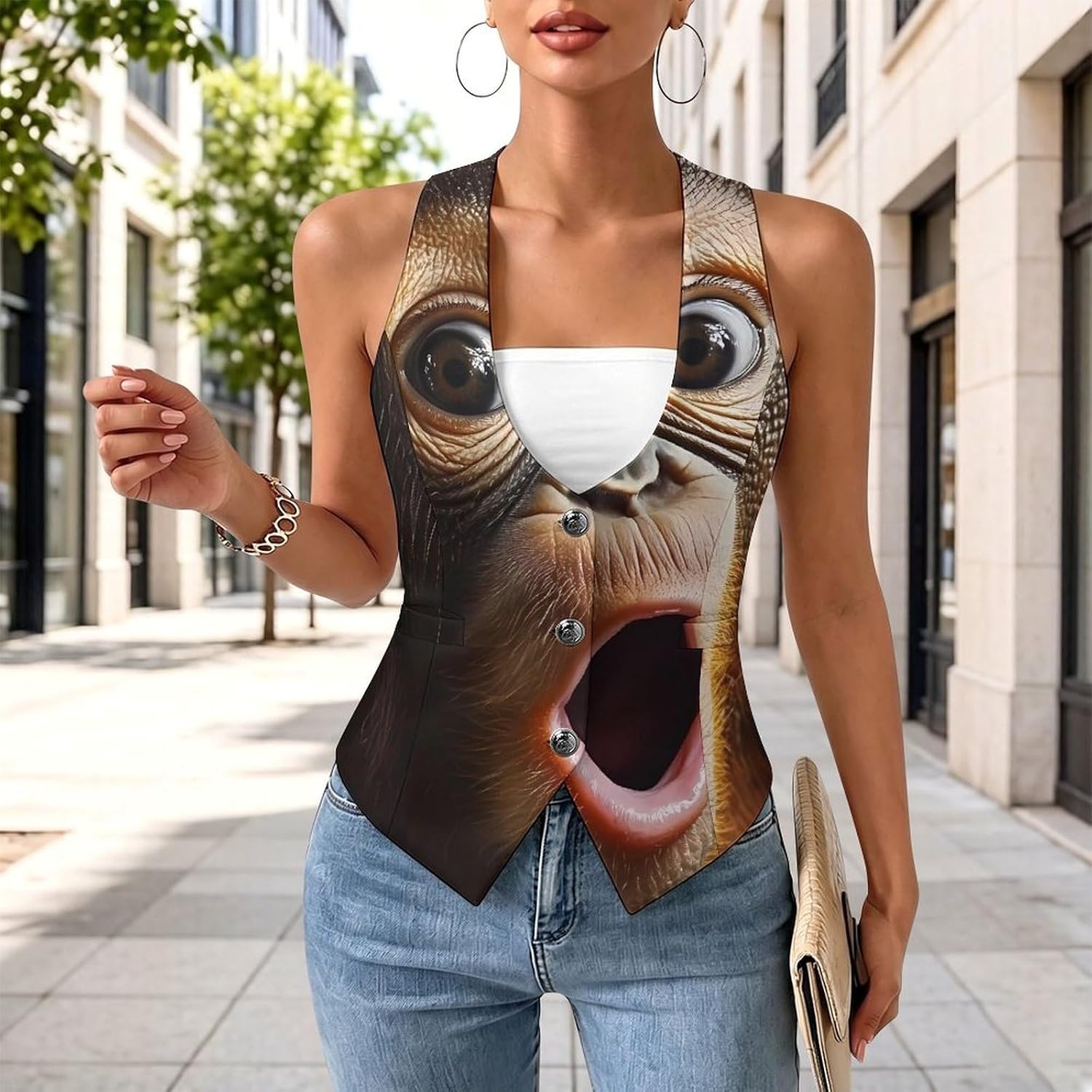 Orangutans Monkeys Big Face Women's Tuxedo Waistcoat Suit Vest | 3 Button V-Neck Slim Fit Casual Sleeveless Top