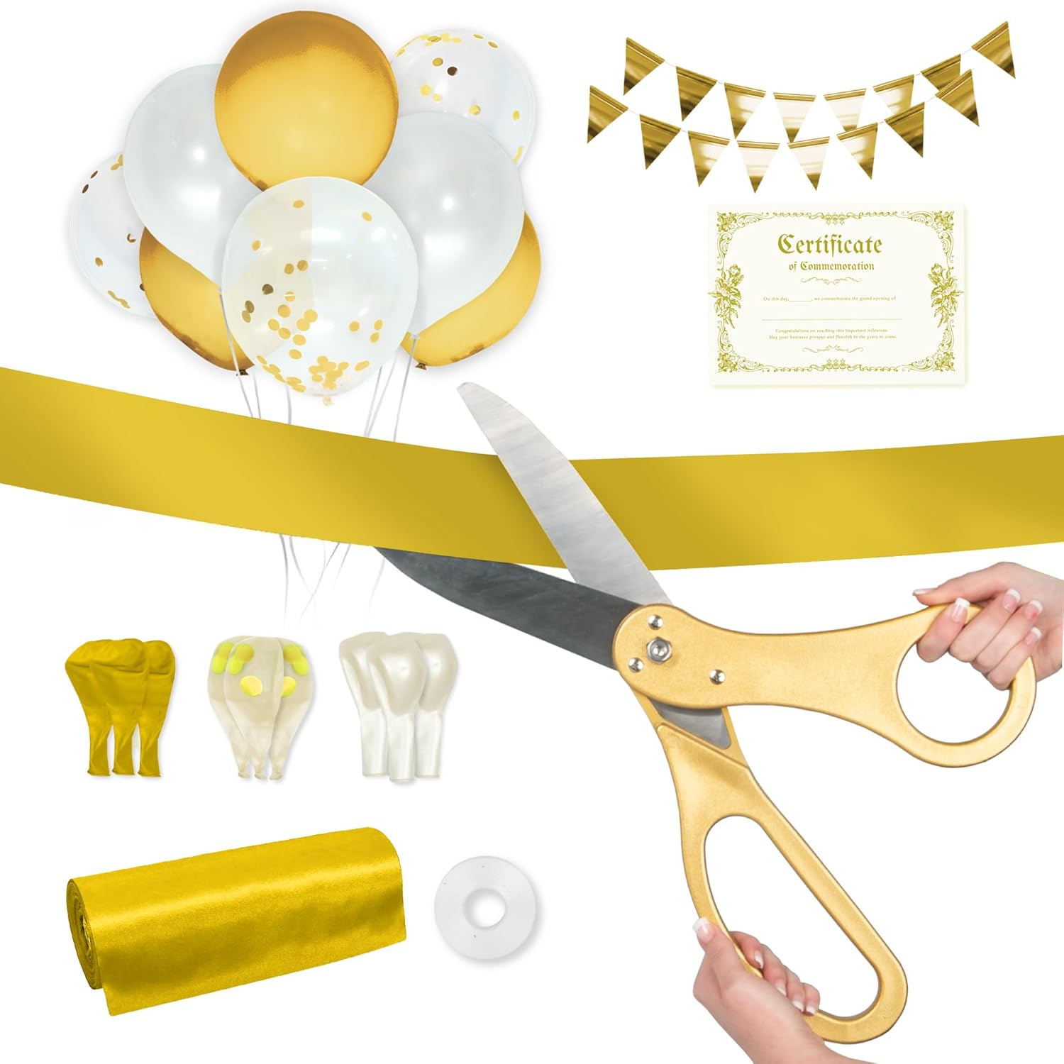 Crutello Ribbon Cutting Ceremony Kit - 20"Giant Scissors with Gold Handle, 20ft Sparkle Giant Red Ribbon 8"Wide, 24 Balloons, 2 Big Pennant Flags, 4 Streamers & Ceremonial Certificate