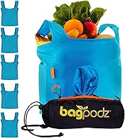 BagPodz Reusable Grocery Bags: RipStop Nylon 50lbs Capacity, Foldable Washable 5-Pack Blue in Compact Pod with Cart Clip