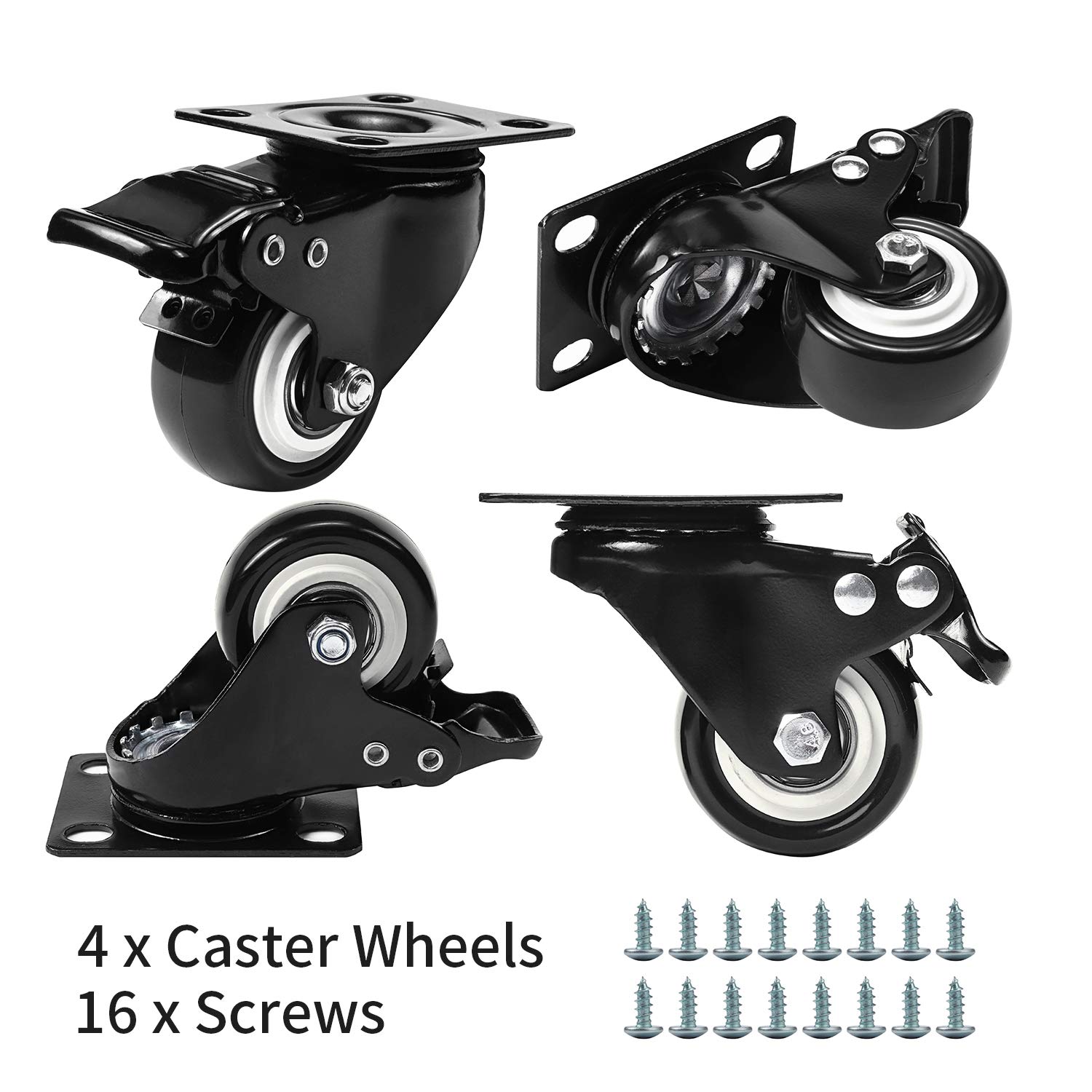FOH 2-Inch Low Profile Caster Wheels (4-Pack), 600lb Heavy Duty Swivel Plate Casters with Dual Locking Brakes, Non-Marking Silent PU Rubber for Workbenches & Furniture, Includes 16 Mounting Screws