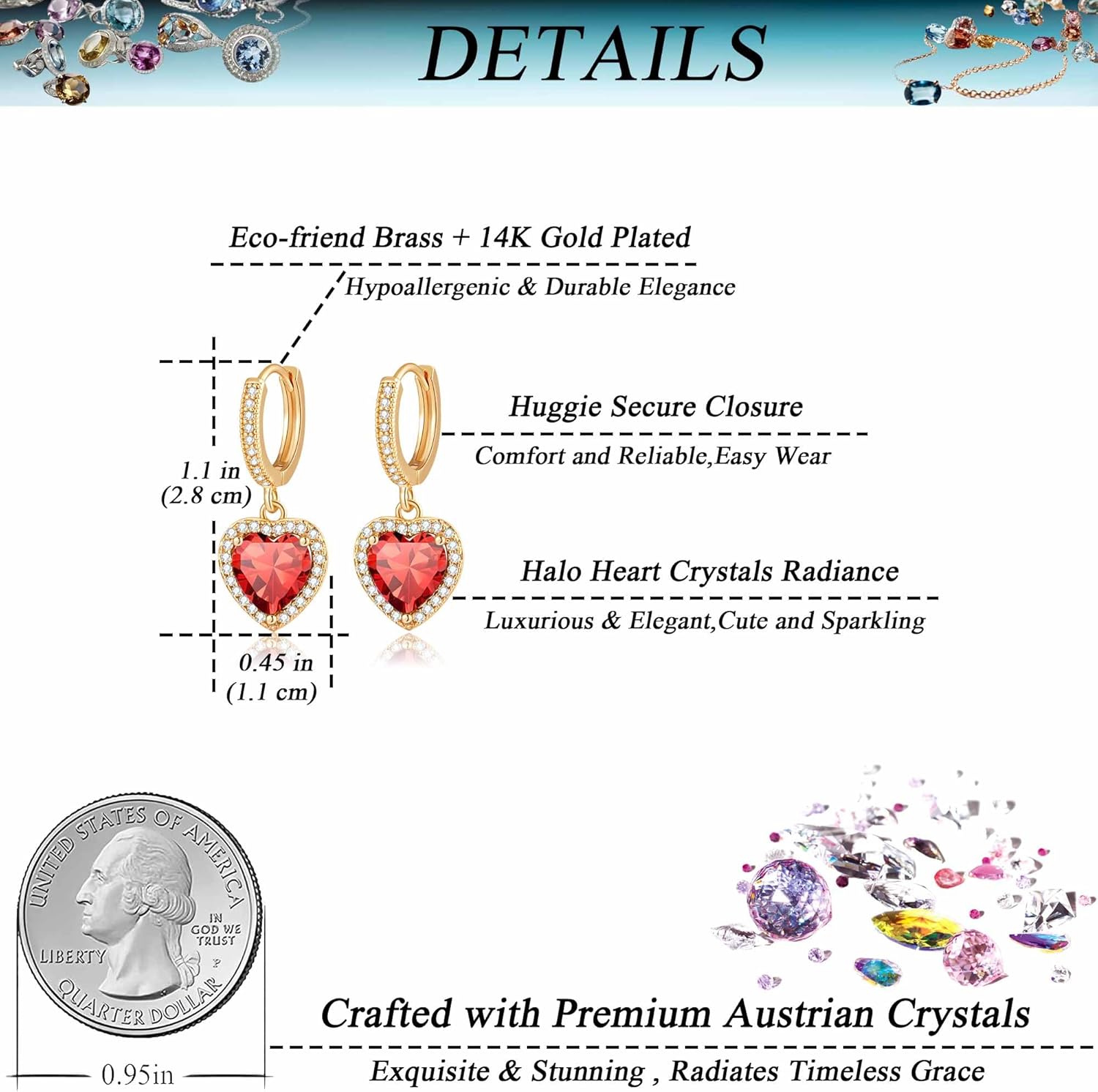 Austrian Crystal Heart Halo Drop Dangle Earrings for Women 14K Gold Plated Hypoallergenic Huggie Earring Jewelry Gifts - Image 4
