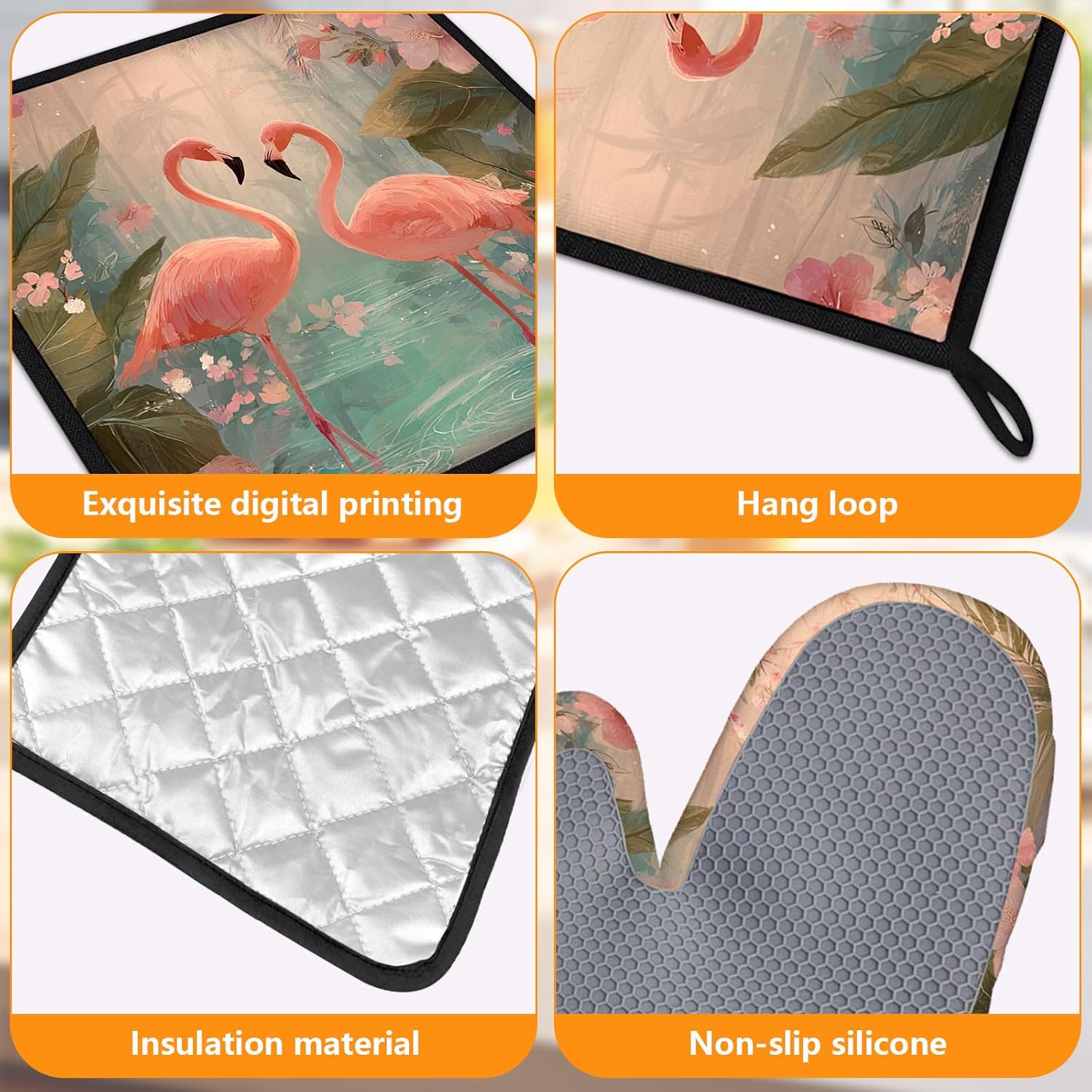 Palm Leaf Flamingo Tropical Oven Mitts and Pot Holders Sets 4Pcs Silicone Non-Slip Mitts Heat Resistant Gloves Hot Pads for Kitchen Cooking Baking Grilling BBQ