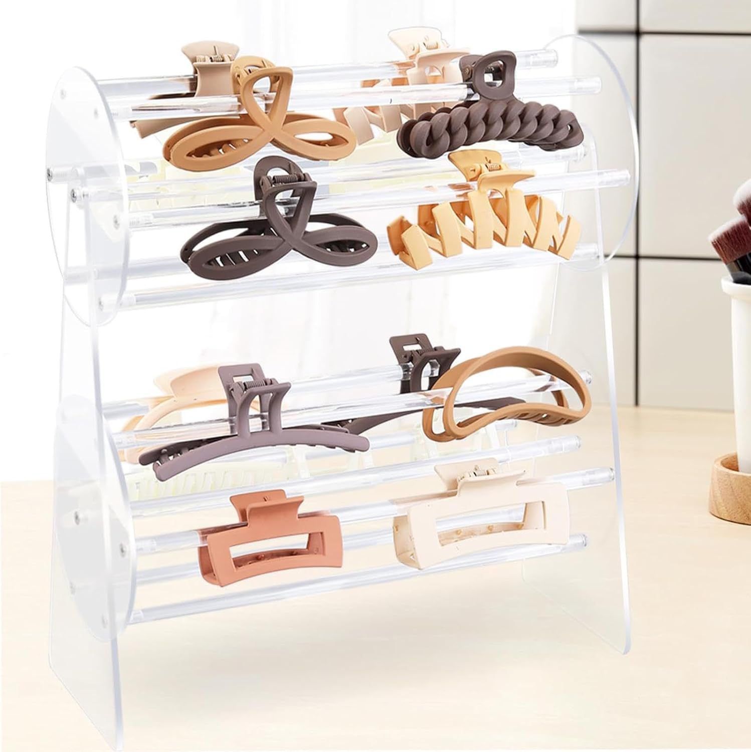 360° Rotating Hair Claw Clip Organizer – Portable Display Stand with Hooks for Claw Clips, Barrettes & Hair Accessories – Dressing Table Storage Case for Women & Girls