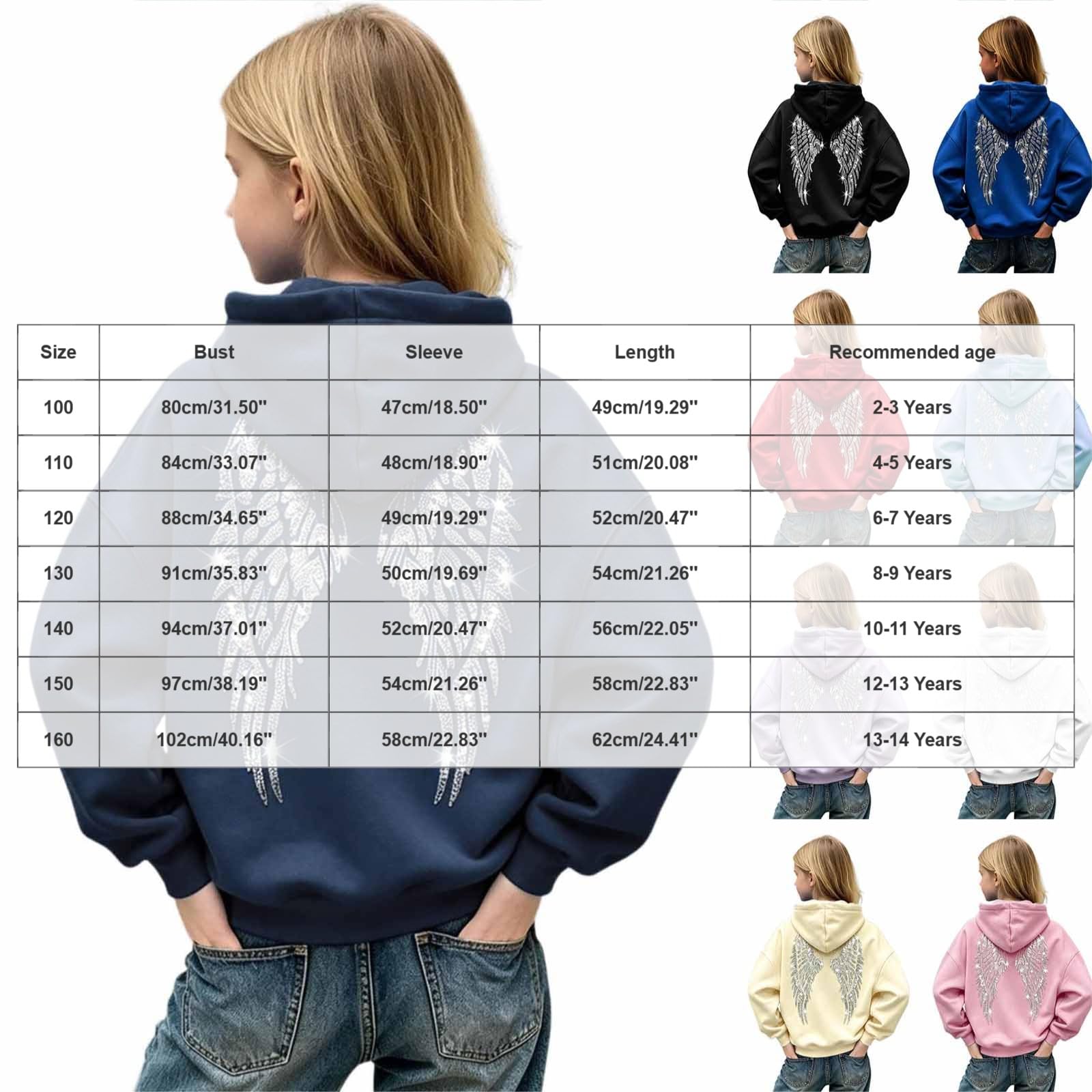Genérico Sudadera con Capucha para niñas y niños, con de ángel, Holgada, raglán, Manga Larga, Sudadera Cordon para Otoño Invierno Cómoda Transpirable Deportes