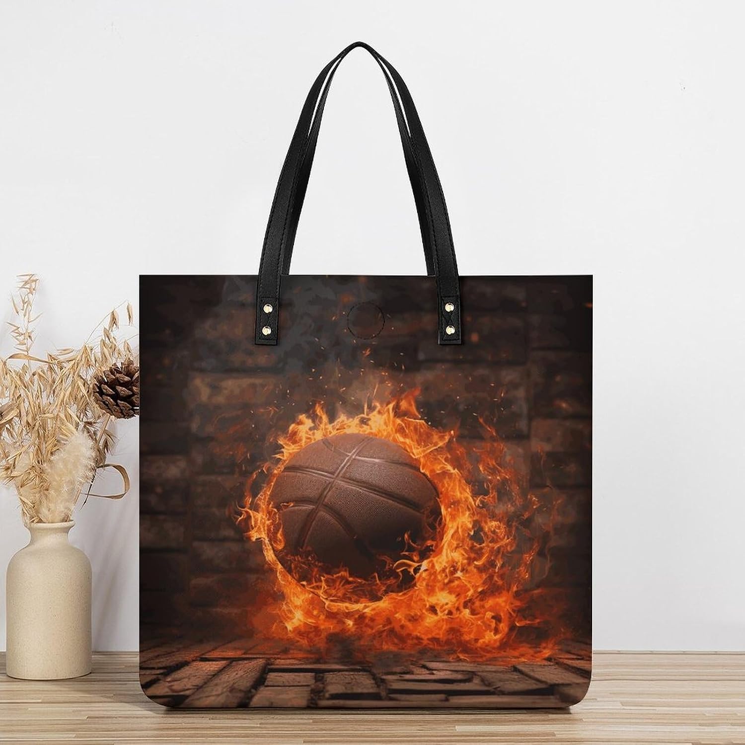 Brick Wall And Burning Basketball Handbags Large Capacity, Tote Bag Stylish Slouchy, Shoulder Bags for Work Beach Travel And Shopping Grocery.