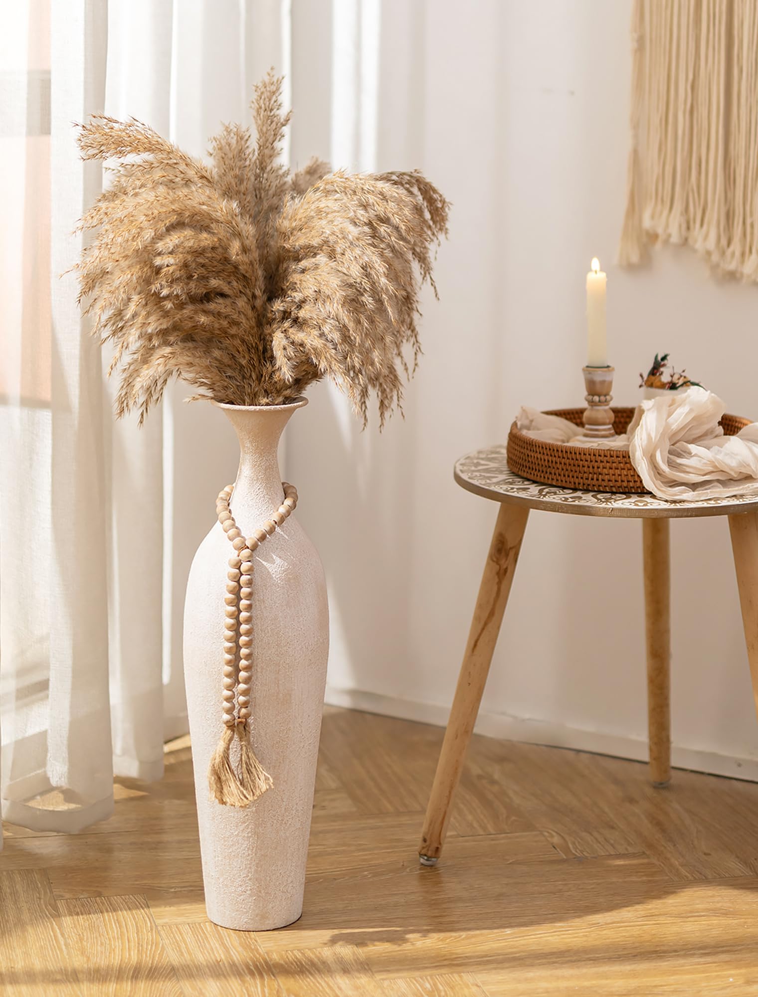 Sziqiqi Vaso da Terra Alto Bianco: 60 cm Grandi Vasi Rustica con Perline Boho per Pampas Piante Finte - Metallo Vaso Alto da Interno per Decorazione Casa Soggiorno Stile Farmhouse Camino