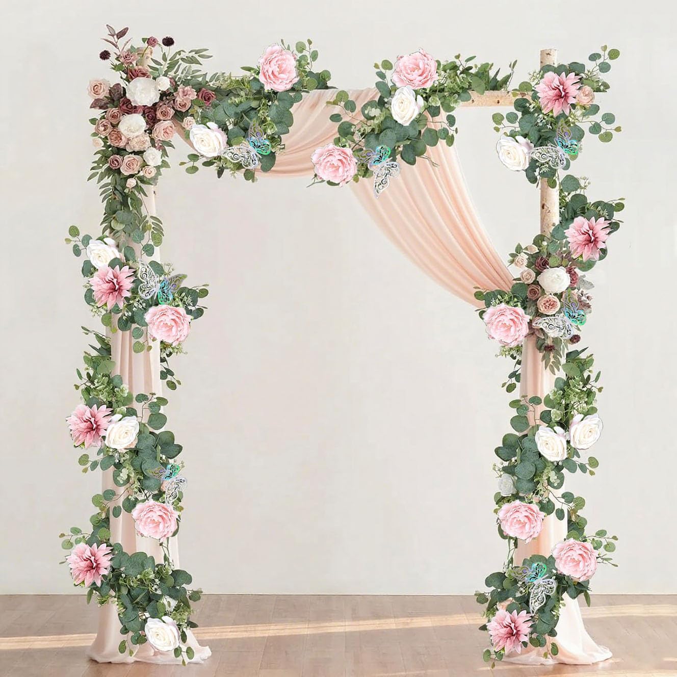 Eucalyptus Flower Garland with Butterflies, 2PCS, 5.9Ft Length Each, Fake Rose Garland, Pink Flower Vines, Faux Floral Greenery for Wedding Table Backdrop Arch Party Centerpiece Decor(Dusty Pink)