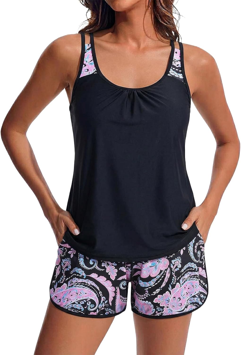 Firpearl Tankini Swimsuits for Women Tummy Control Loose Fit Two Piece Bathing Suits with Sporty Pockets Swim Shorts