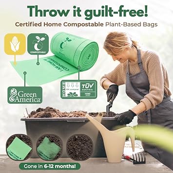 AIRNEX 50 Count Compost Bags for Countertop Bin 8 Gal & Bamboo Dish Brushes Pack of 3-100% Compostable Trash Bags made of Cornstarch - Medium Stiff Sisal and Strong Blend of Coconut Bristles Brushes