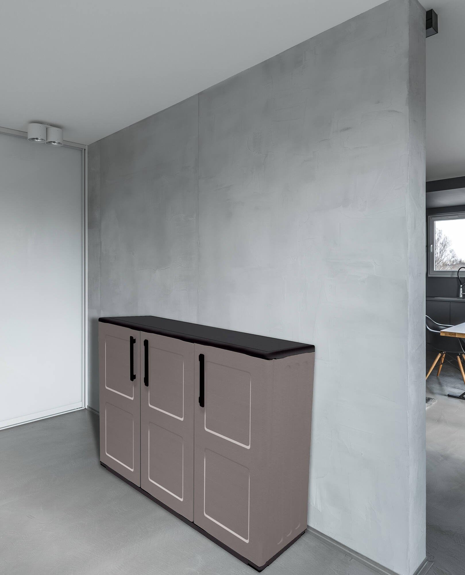 Dmora - Armoire d'extérieur Gesves, Armoire de balcon polyvalente, Armoire d'extérieur 3 portes, 100% Made in Italy, 102x37h84 cm, Gris et Noir, Finition à carreaux