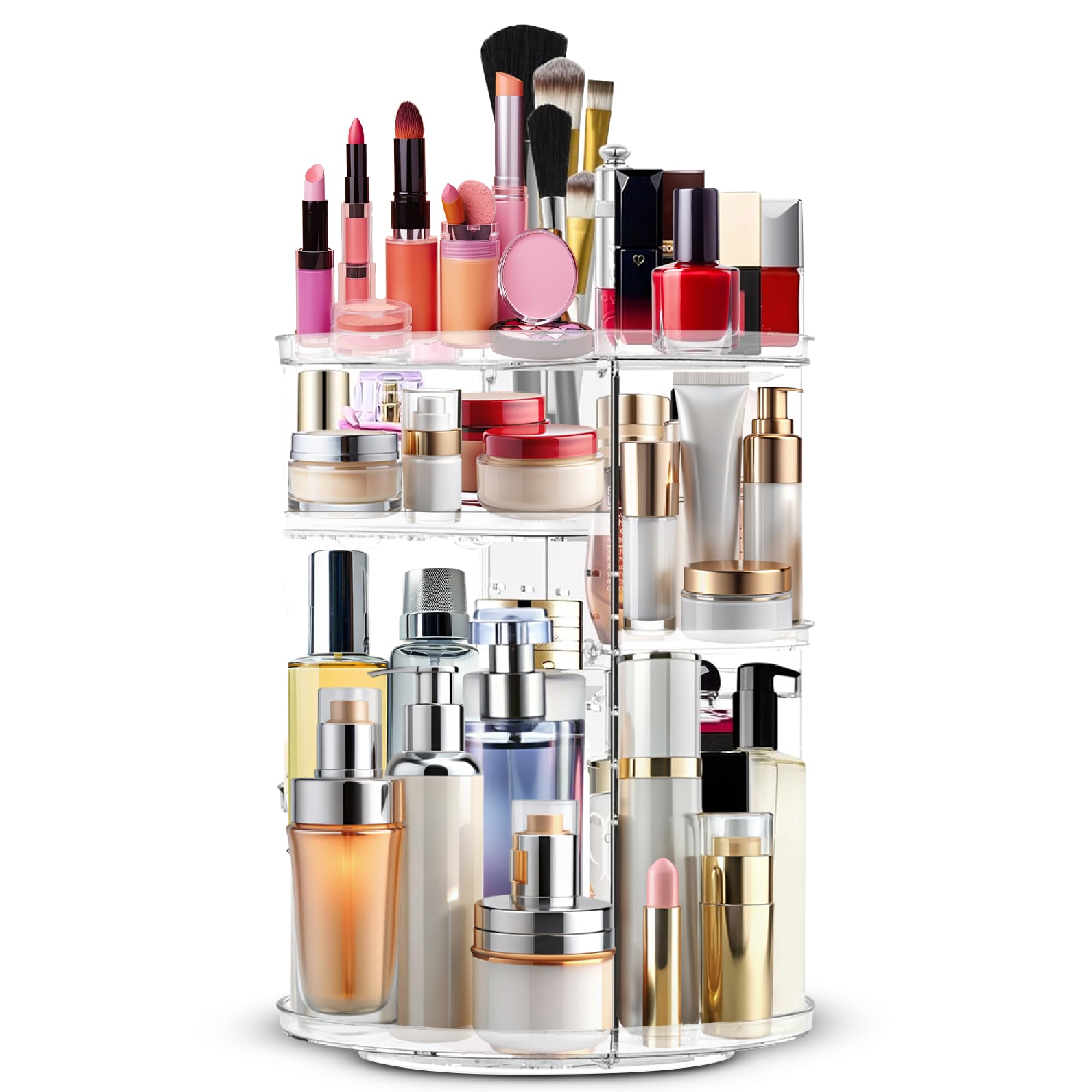SPAULD Rotating Makeup Organizer, Adjustable Layers Spinning Skincare Organizer, Cosmetic Display Case with Brush Holder, Multi-Function Storage Carousel for Vanity Bathroom Countertop (Style 1)