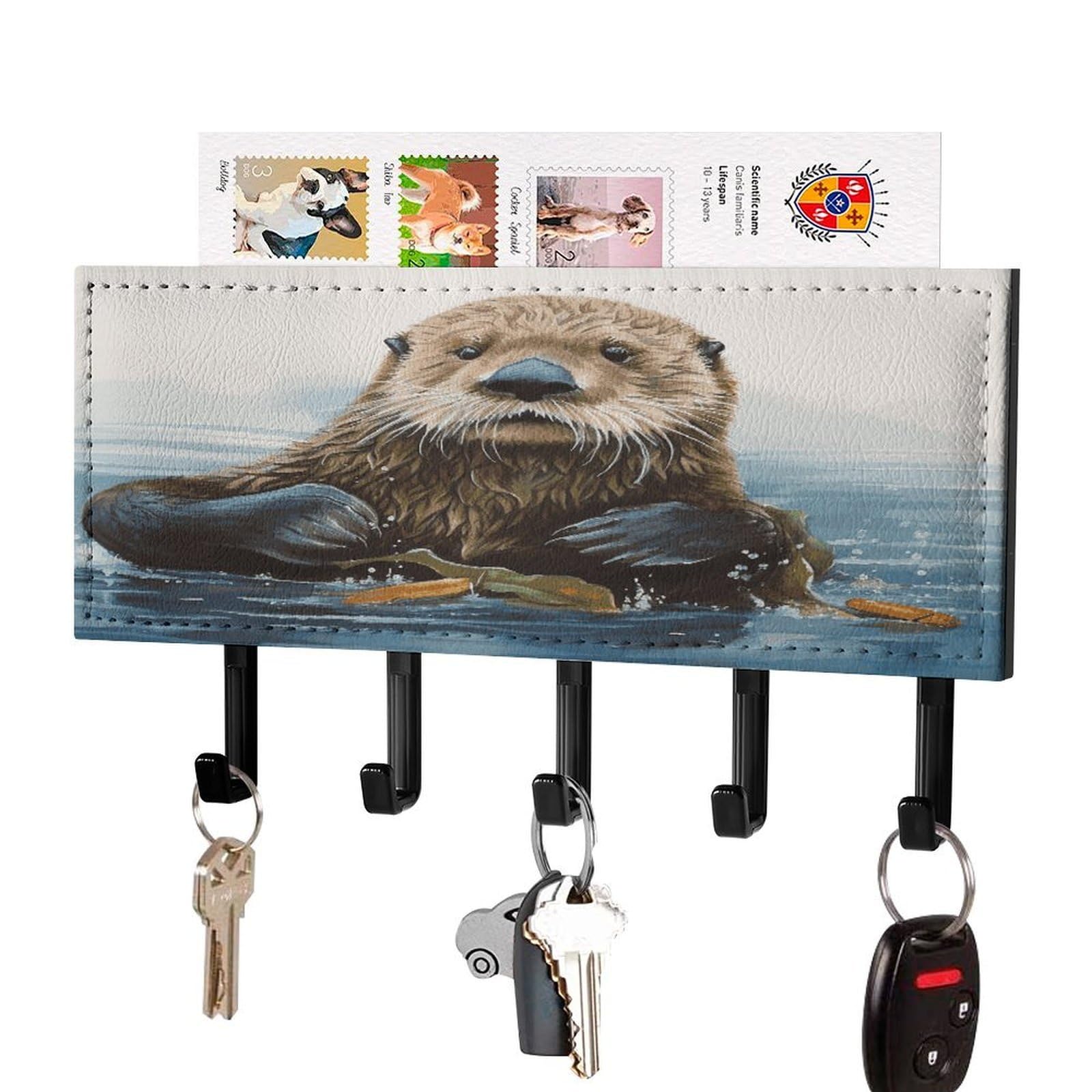 FekiLoot Sea Otter Key Holder for Wall Decorative Mail Organizer with 5 Key Hook Self Adhesive Key Rack with Tray Coat Rack Wall Mount Key Hanger Decor for Entryway Door