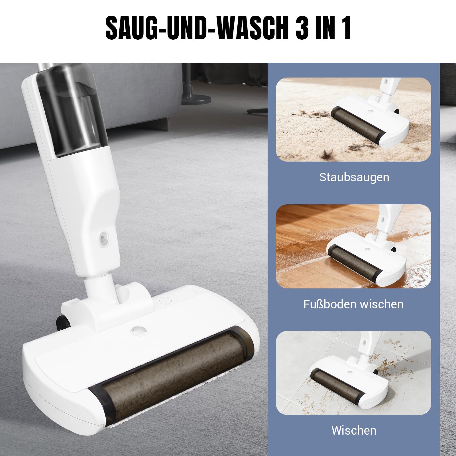 Kabelloser Elektrischer Wischmopp, 9600 U/min Rotierende Mikrofaser-Bürste, 550 ml Wassertank, 500 ml Staubbehälter, Blaue LED-Keimtötung, Sprühfunktion, Leicht (1,68 kg) für Hartböden, Fliesen, Lamin