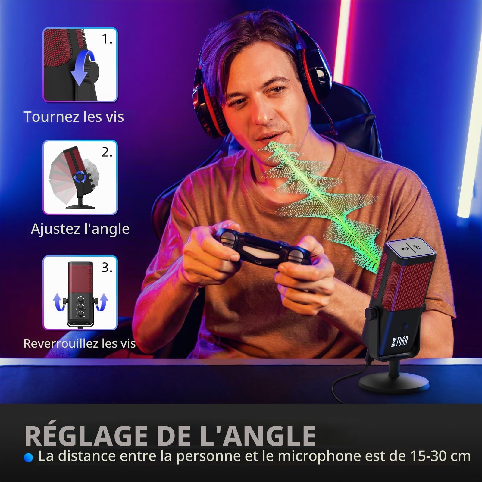 XTUGA M7 Microphone Dynamique pour Streaming Gaming avec éclairage RGB, Microphone à condensateur pour Ordinateur avec réduction du Bruit et Surveillance en Temps réel pour Podcast
