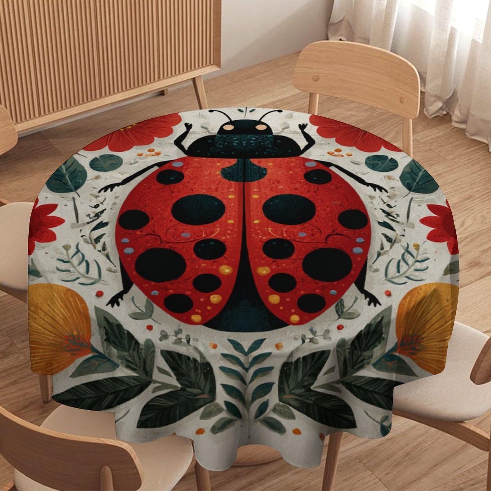 LUYYSKY Rustic Aesthetic Ladybugs Round Tablecloth Modern Art Boho Animals Ladybugs Botanical Plants Flowers Print Washable Decor for Table Cover for Kitchen-177.8" Wx177.8 L cm