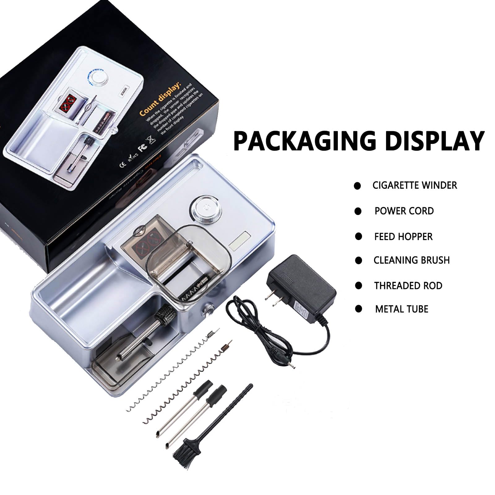 Macchinetta Riempitubi Elettrica, Macchinetta per Sigarette Elettrica Auto-Sensing Conteggio Intelligente Tabacco per Sigarette 8,0 mm; 6,5 mm; 5,5 mm Black