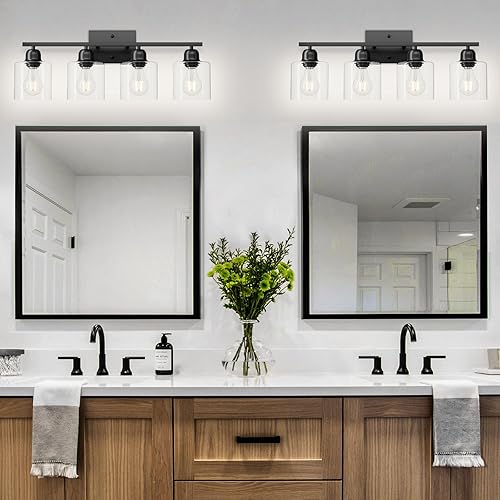 Miniatura 5 de Modernas lámparas de baño de 4 luces, luces negras de tocador de 24 pulgadas para baño con vidrio transparente, luz de tocador de baño para espejo,