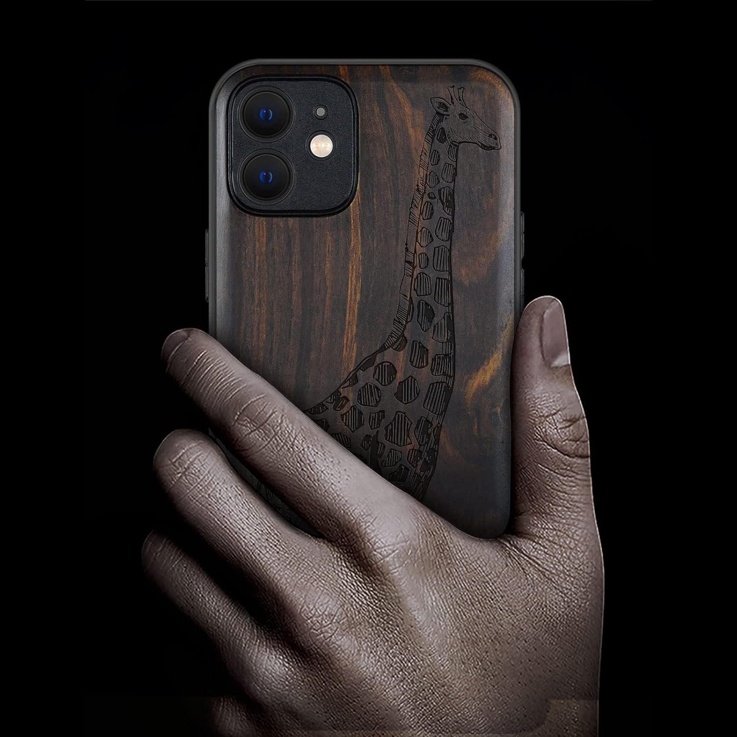 Carveit Magnetic Wood Case for iPhone 12 Case [Natural Wood & Black Soft TPU] Shockproof Protective Unique & Classy Wooden Cover Compatible with MagSafe (Giraffe -Blackwood)