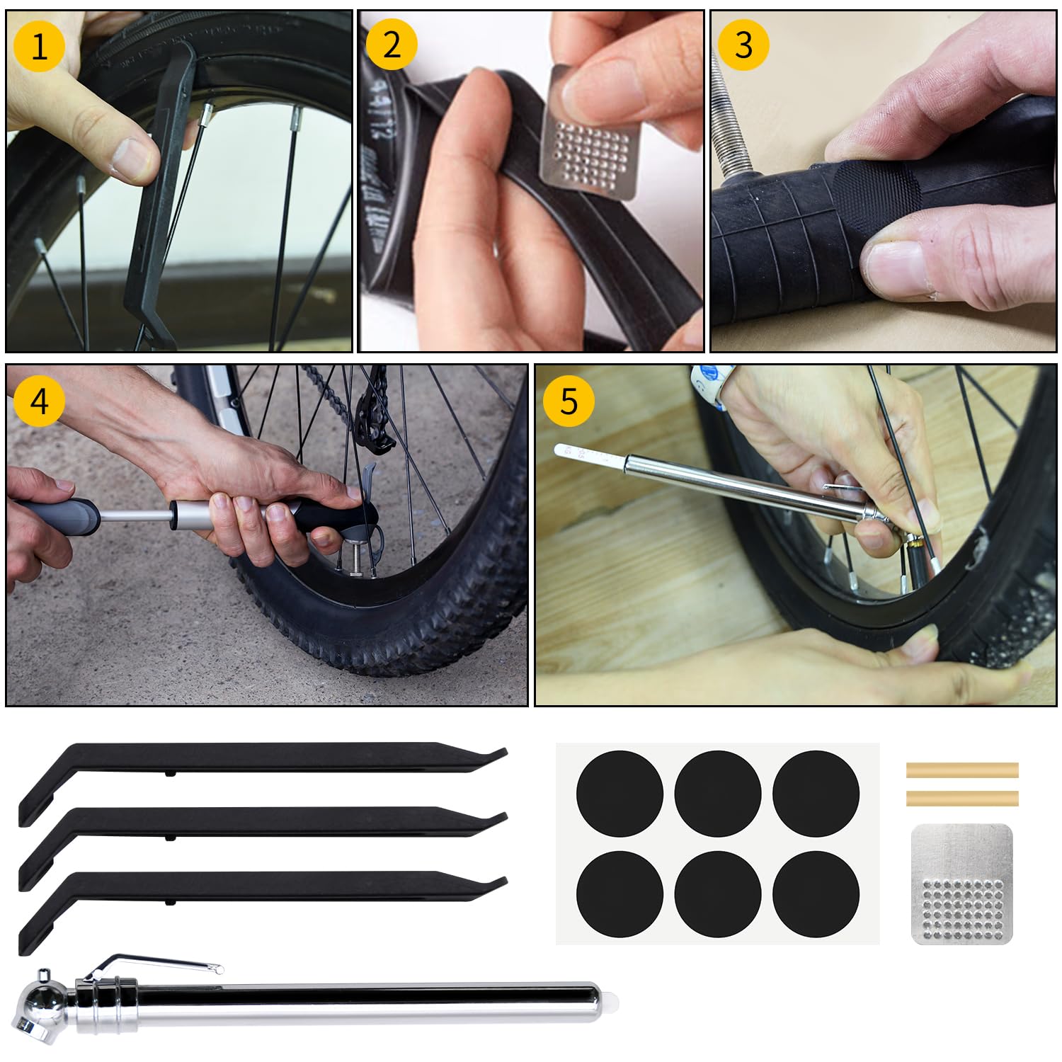 Bike Repair Kit, Bicycle Repair Bag with Tire Pump, Bike Tool Kit for Camping Travel, 16-in-1 Bike Multitool, Bicycle Tire Repair Kit, 4mm and 5mm Allen Wrenches, Used for Mountain Bike and Road Bike