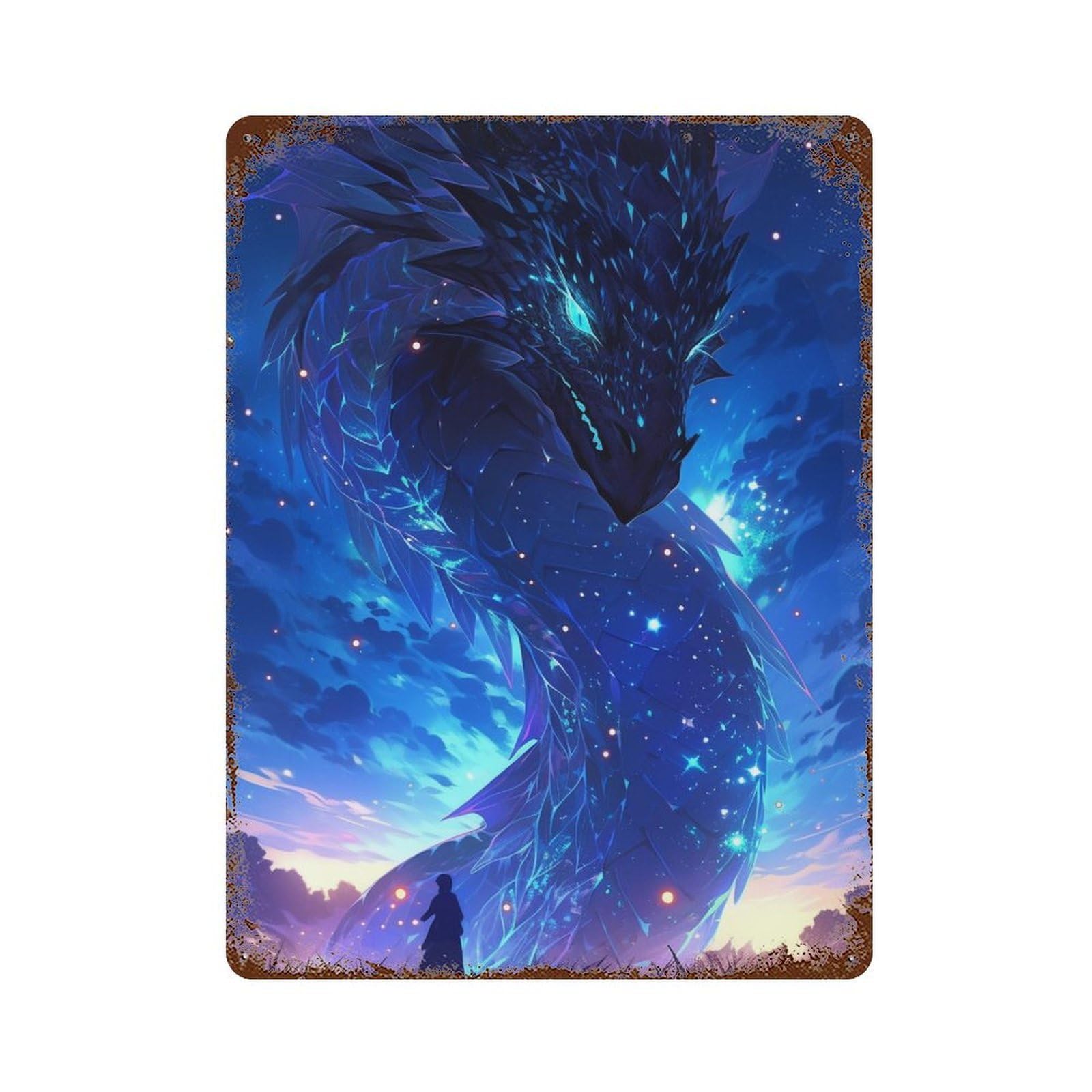 Garage Style Dragon Fantasy Night Scene Aged Metal Wall Plaque 15.7"x11.8", Old School Wall Decor for Bar And Workshop