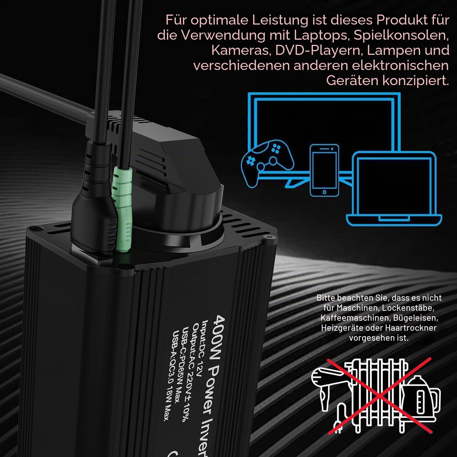 400W Auto Spannungswandler Wechselrichter DC 12 V auf 230 V mit Zigarettenanzünderstecker,1 Steckdosen und PD65W USB-C und USB-A Anschluss für Auto, Laden von Handys, Laptops und Anderen Geräten