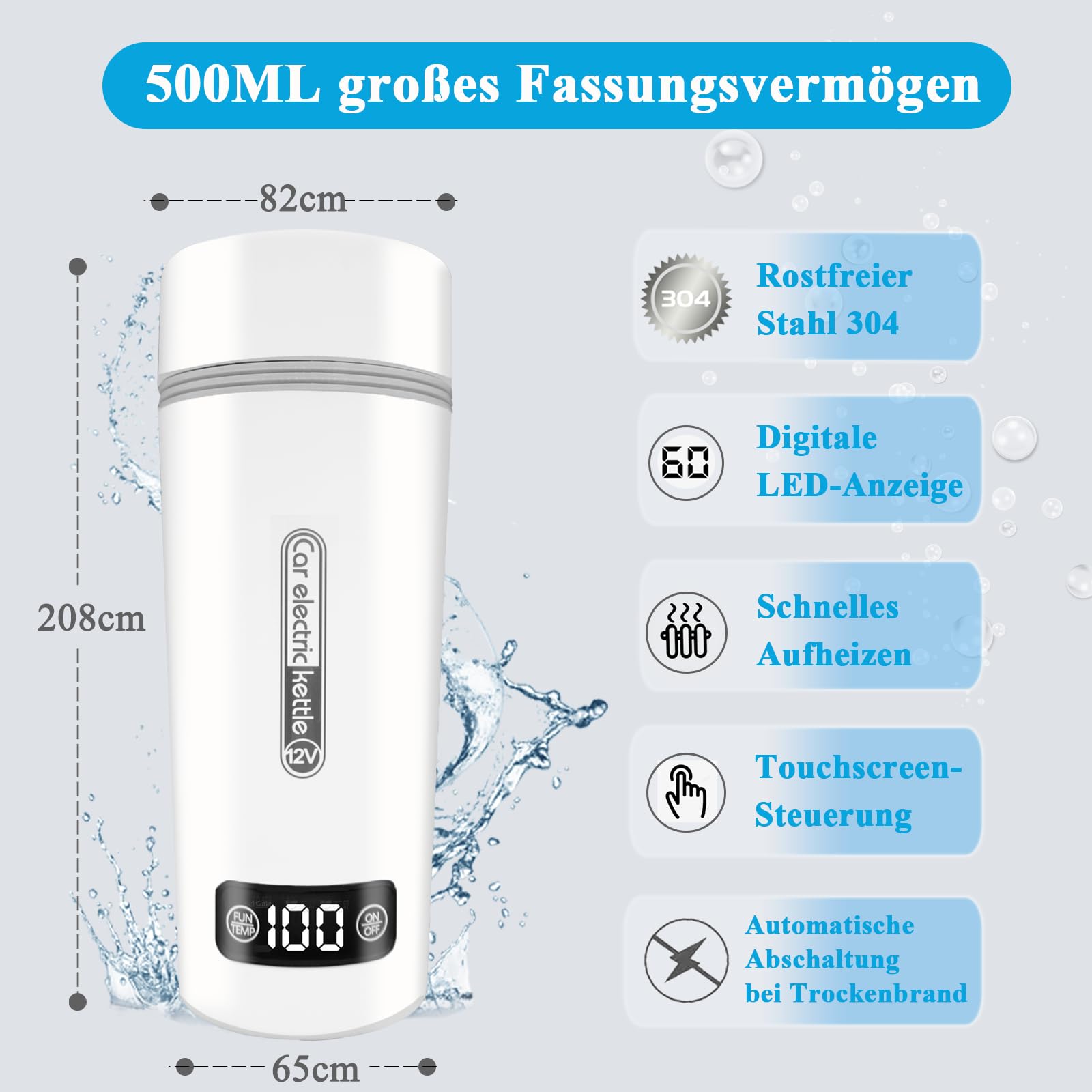 Hervidor de agua portátil para coche, 12 V/500 ml y 40~100 ℃ ajustable, hervidor de agua de viaje y calentador de agua rápido de 80 W, protección contra incendios secos, para acampar en el coche,