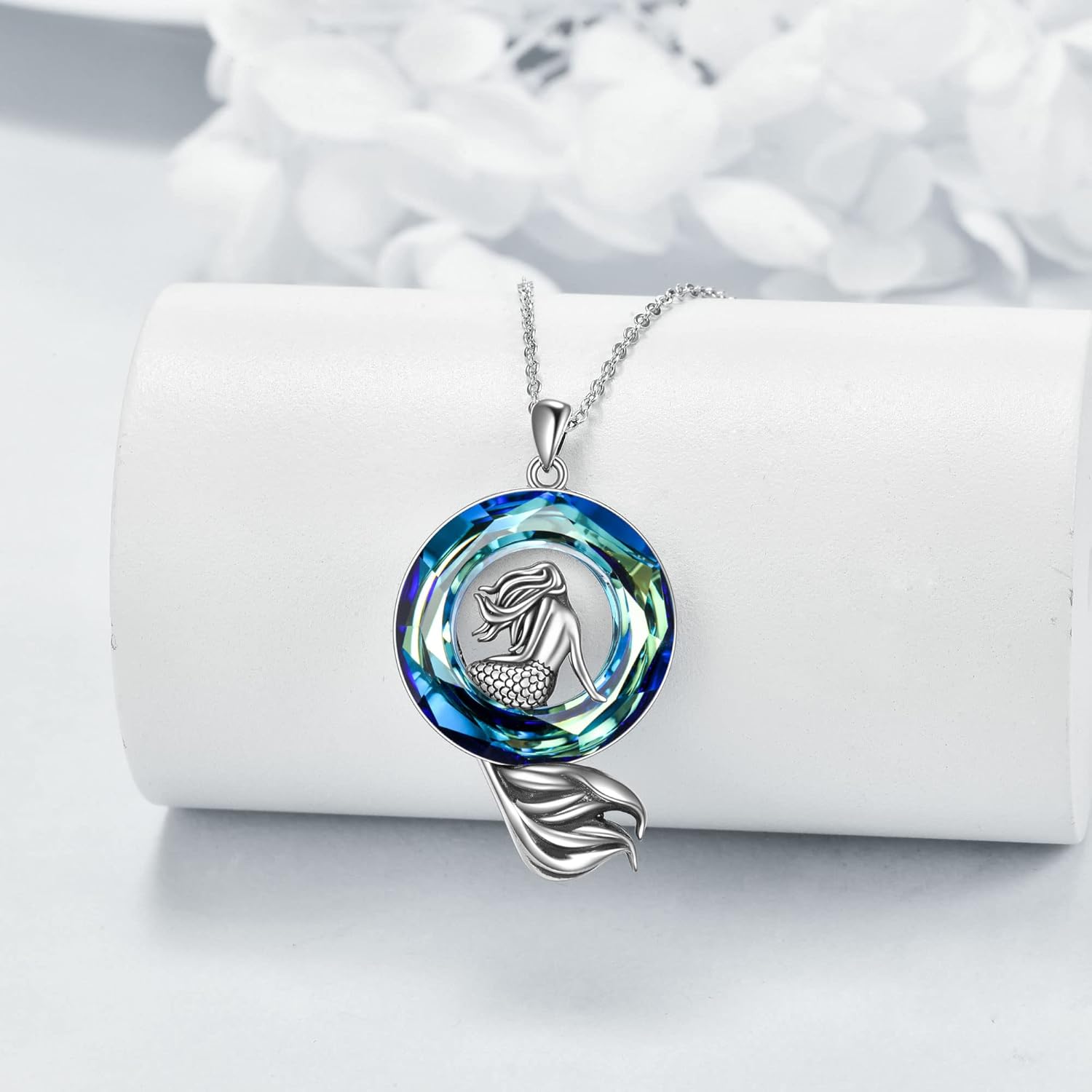 AXELUNA Mermaid Necklace for Women Sterling Silver with Blue Circle Crystal Pendant Necklace Mermaid Nautical Jewelry Gifts for Girls Daughter - Image 4