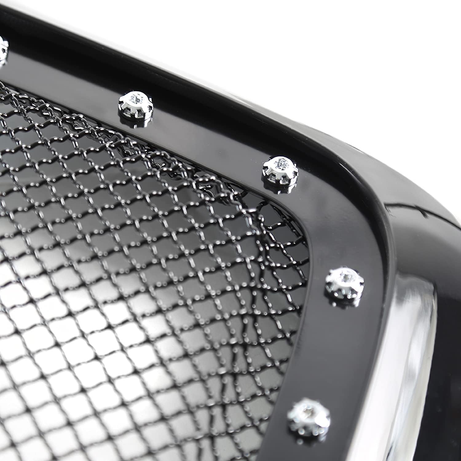 Spec-D Tuning Glossy Black Rivet Bolt Stainless Mesh Front Hood Grille with Shell Compatible with 2006-2008 Dodge Ram 1500 2500 3500