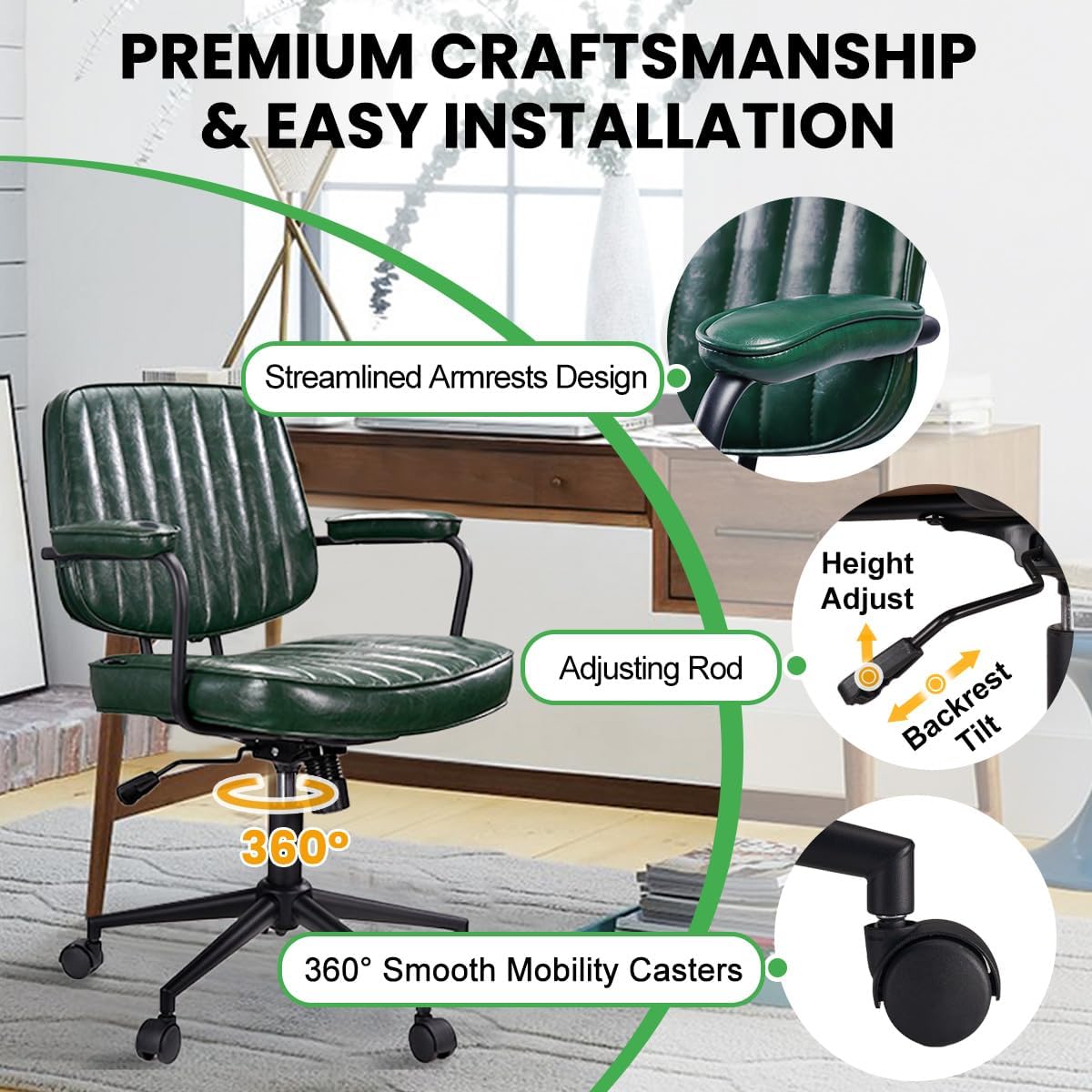 Artswish Mid Century Office Desk Chair - Green Leather Home Office Chair with Wheels and Arms