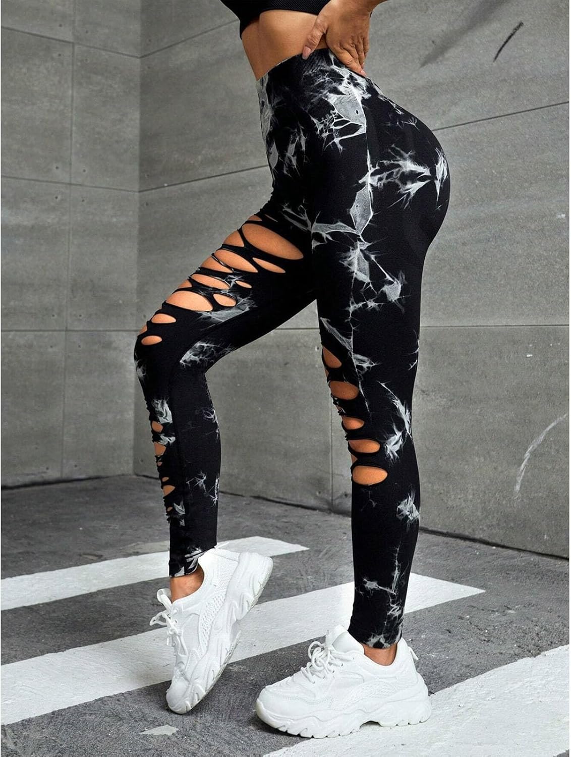 UONNOU Women's Tie Dye Cutout Tights High Waist Workout Yoga Leggings,Scrunch Butt Lifting Elastic Pants,2 Pack - Image 8