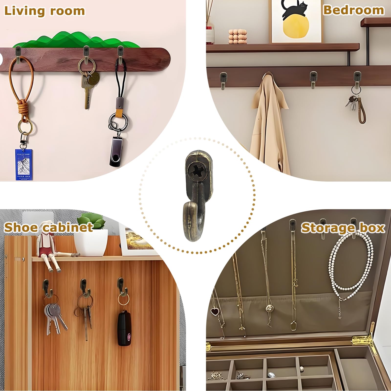 RTSHUK 50 mini ganci, 18 x 13 mm, antico, gancio singolo in bronzo, gancio da parete per avvitare, gancio da parete, piccolo vintage, per chiavi, gioielli, borse, asciugamani, cucina, bagno